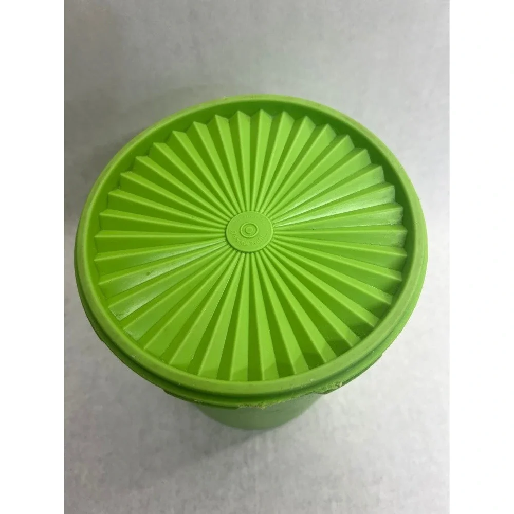 Vintage Tupperware Servalier Canister Lime Green Sunburst Lid Floral Graphic